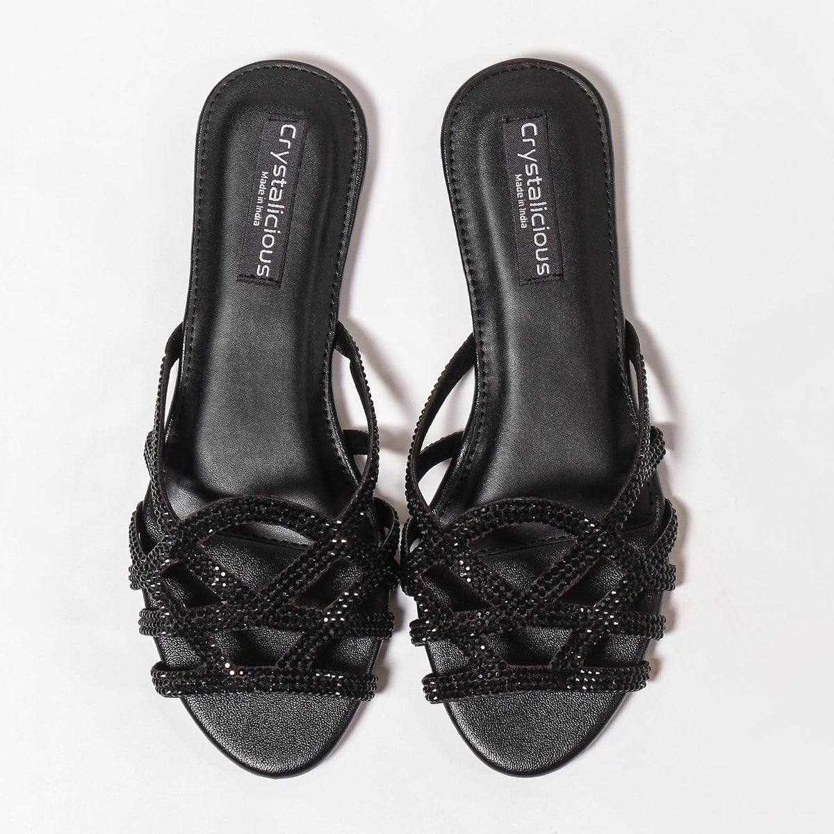 Crystalicious black embellished strappy sandals for women β handcrafted luxury footwear with intricate beadwork and elegant open-toe design. Perfect for evening wear and special occasions.